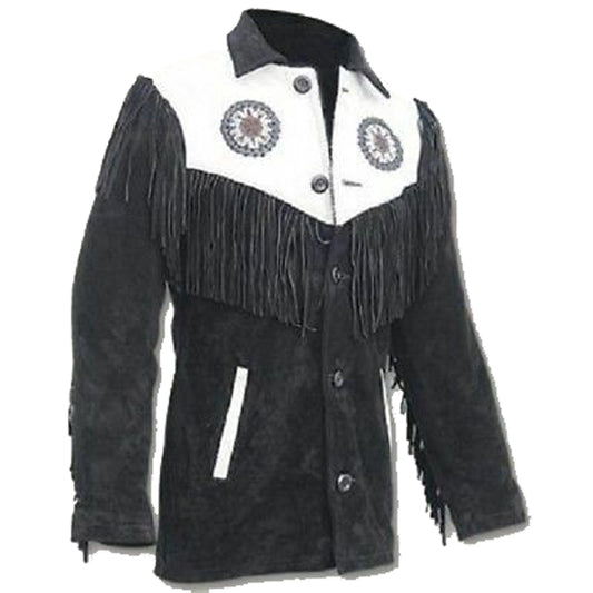 Men's Black & White Suede Jacket | Cowboy Fringed & Beaded