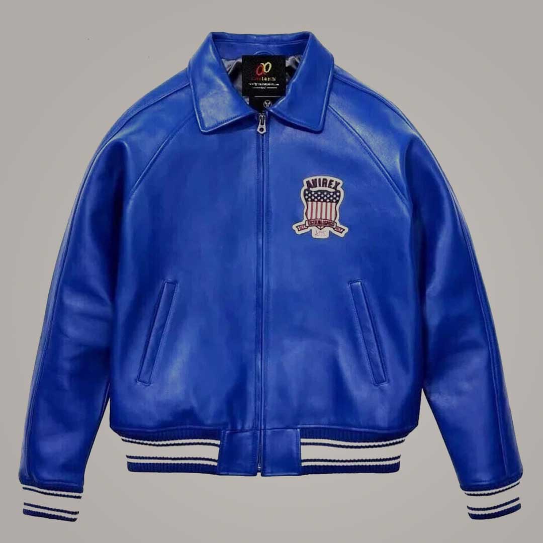 Men's Blue Avirex Leather Bomber Jacket