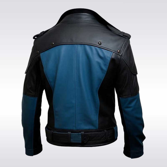 Men’s Aqueous Blue and Black Leather Biker Jacket