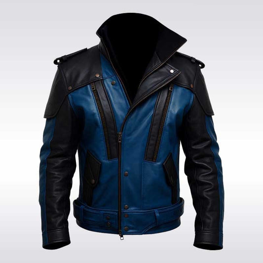 Men’s Aqueous Blue and Black Leather Biker Jacket