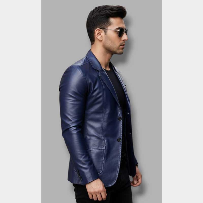 Side view of Men's Blue Leather Blazer Jacket Slim Fit Formal Coat displaying sleek tailored silhouette