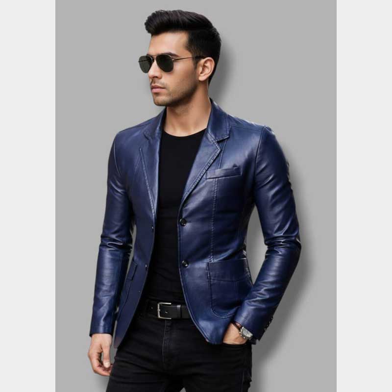 Men's Blue Leather Blazer Jacket Slim Fit Formal Coat front view showing premium quality leather and tailored design
