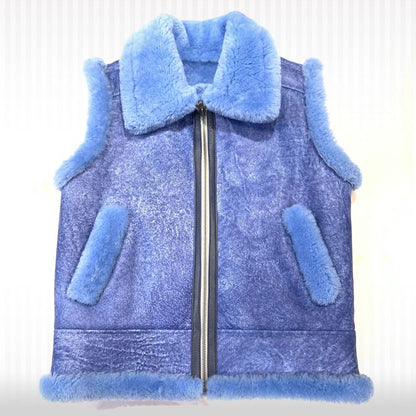 Men's Blue Leather Sheepskin Shearling Vest
