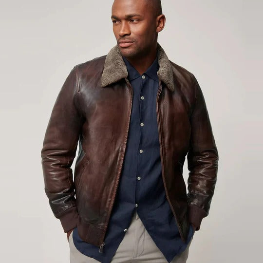 Brown Aviator Leather Bomber Jacket