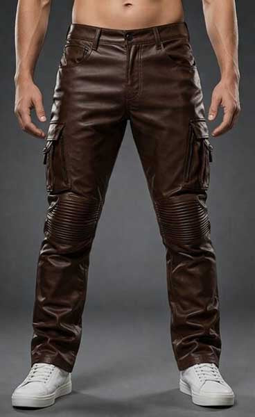 Mens Brown Biker Leather Cargo Pants Slim Fit