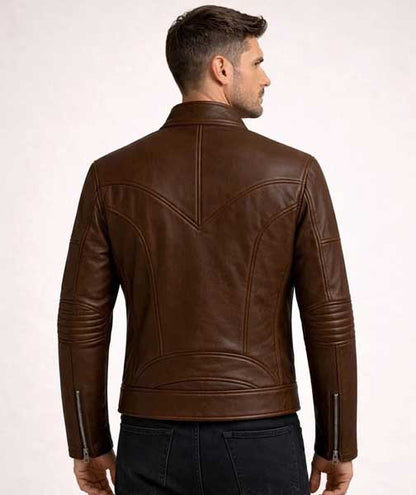 Mens Brown Cafe Racer Leather Jacket in Slim Fit with Real Leather