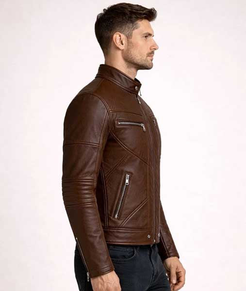 Mens Brown Cafe Racer Leather Jacket in Slim Fit with Real Leather