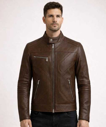 Mens Brown Cafe Racer Leather Jacket in Slim Fit with Real Leather