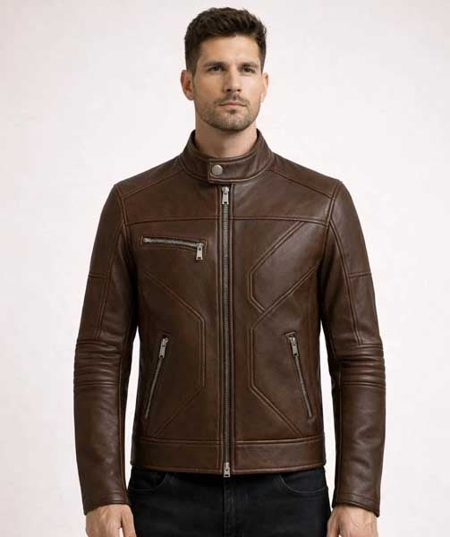 Mens Brown Cafe Racer Leather Jacket in Slim Fit with Real Leather