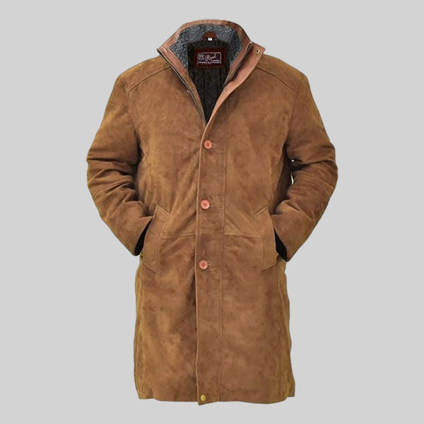 Men’s brown distressed suede leather trench coat