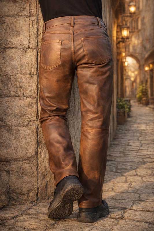 Brown genuine leather pants for men slim fit streetwear style