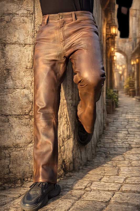 Mens brown genuine leather slim fit pants front view