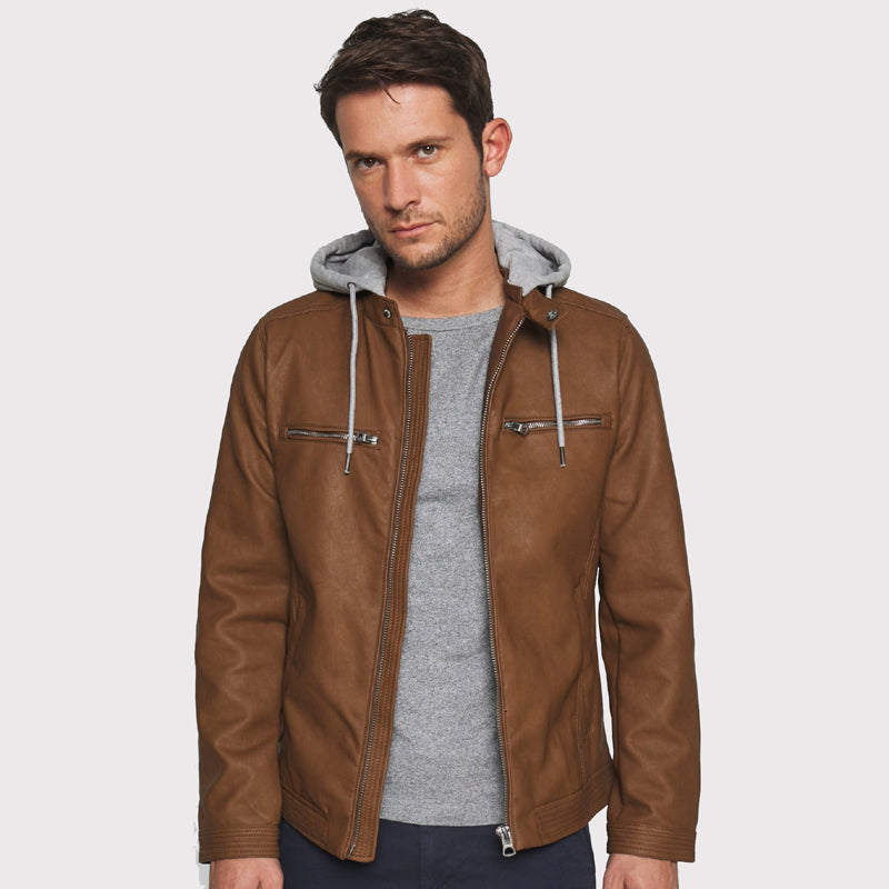 Men's Brown Hooded Biker Leather Jacket