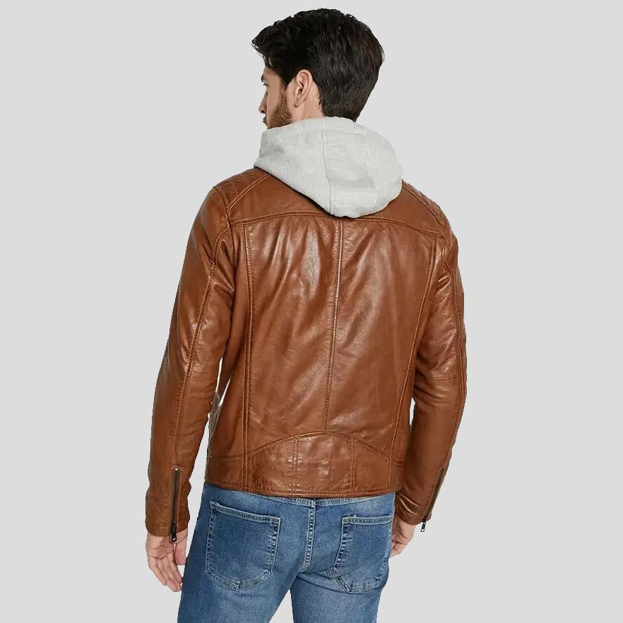 Men's Brown Hooded Lambskin Leather Jacket