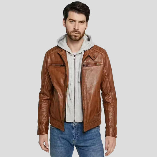 Men's Brown Hooded Lambskin Leather Jacket