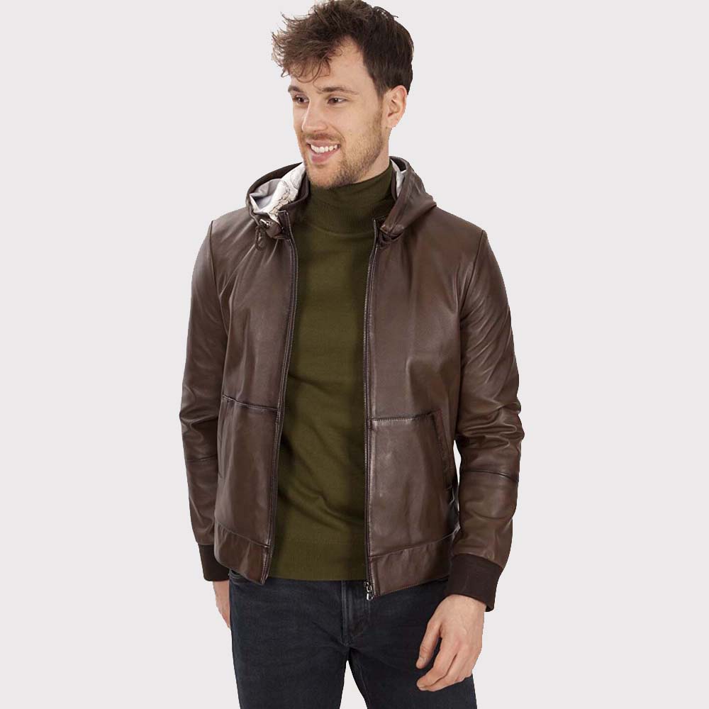 Men's Brown Hooded Leather Jacket