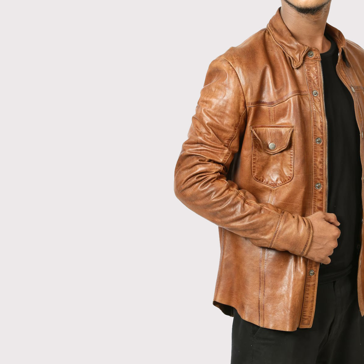 Men's Brown Lambskin Leather Biker Shirt