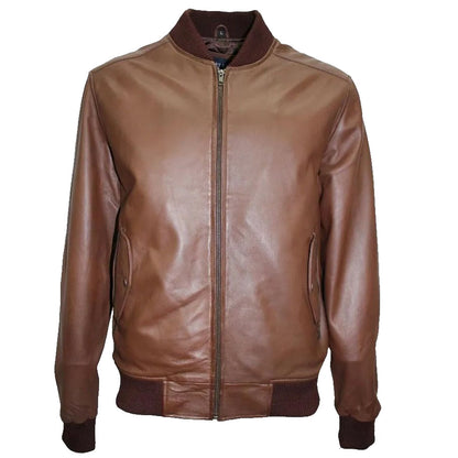 Men's Brown Lambskin Leather Bomber Jacket