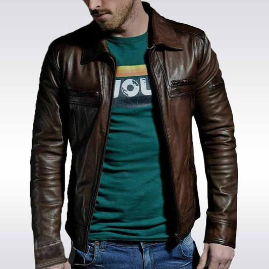 Men's Brown Leather Biker Zipper Fashion Jacket