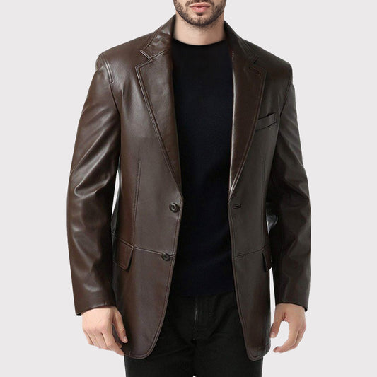 Men's Brown Leather Blazer Coat - Single Breasted