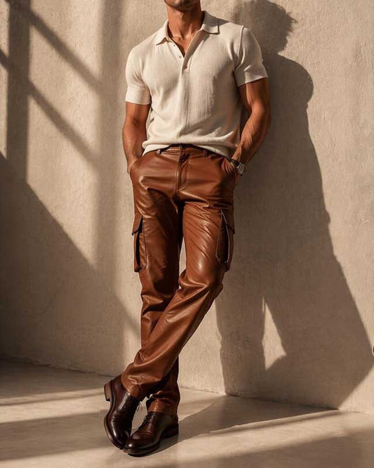Mens Brown Leather Cargo Pants Slim Fit