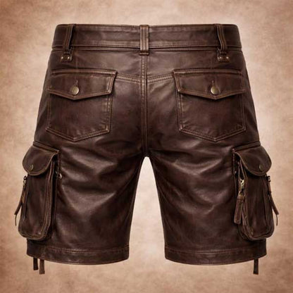 Mens Brown Genuine Leather Cargo Shorts