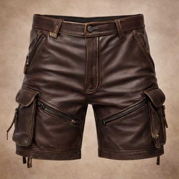 Mens Brown Genuine Leather Cargo Shorts