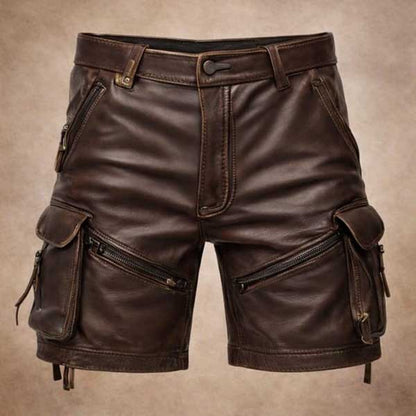 Mens Brown Genuine Leather Cargo Shorts