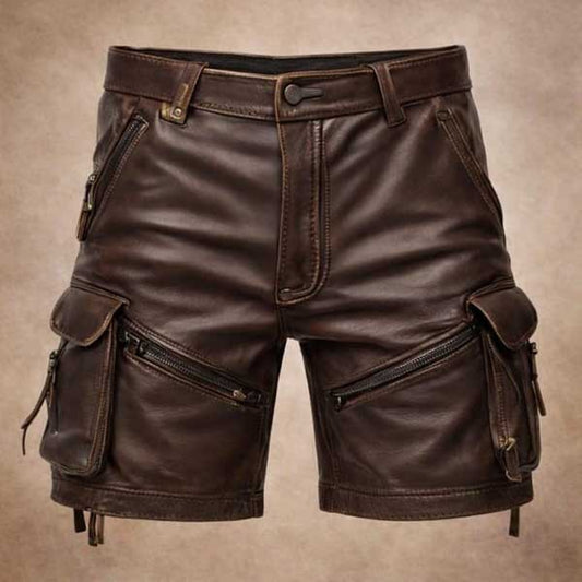 Mens Brown Genuine Leather Cargo Shorts