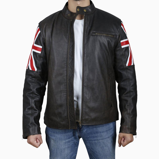 Men's Brown Leather Jacket with UK Flag Sleeves
