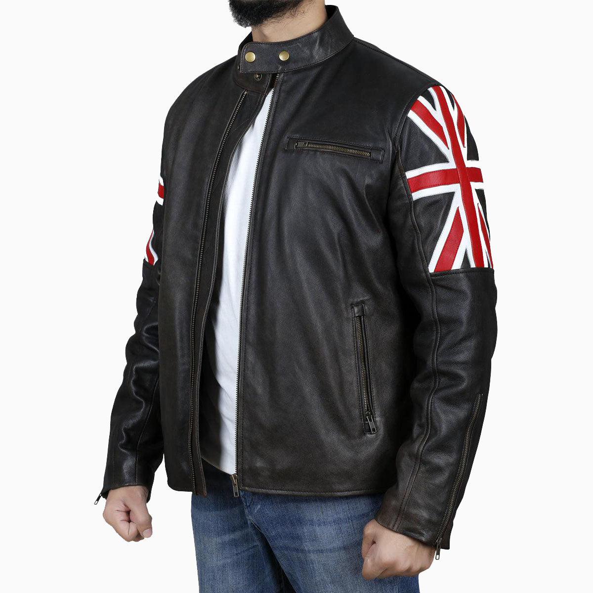 Men's Brown Leather Jacket with UK Flag Sleeves