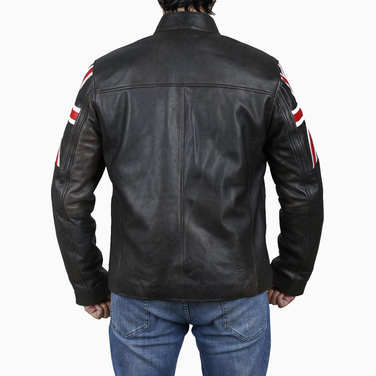 Men's Brown Leather Jacket with UK Flag Sleeves