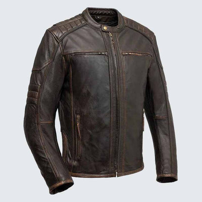 Men's Brown Vintage Cowhide Leather Motorcycle Jacket with Concealed Carry