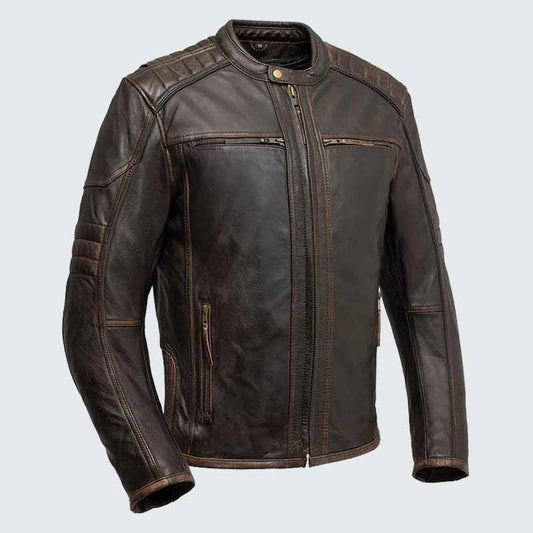 Men's Brown Vintage Cowhide Leather Motorcycle Jacket with Concealed Carry