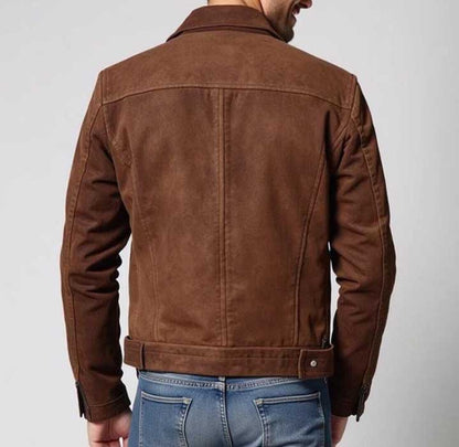 Mens Brown Pure Suede Leather Slim Fit Trucker Jacket