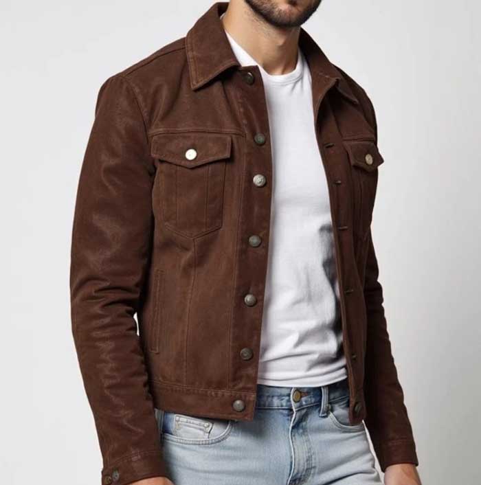Mens Brown Pure Suede Leather Slim Fit Trucker Jacket