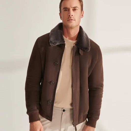 Men's Brown Shearling Aviator Bomber Jacket