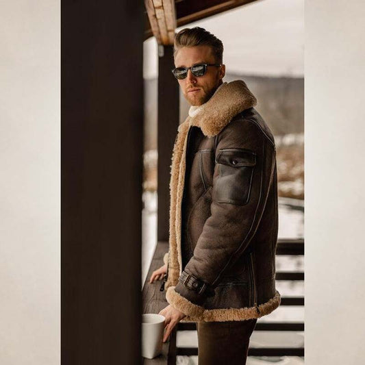 brown B3 leather long coat with belt