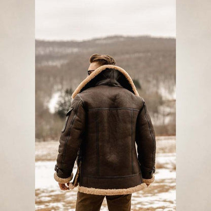 Men's Brown Shearling B3 Aviator Leather Long Coat with Belt