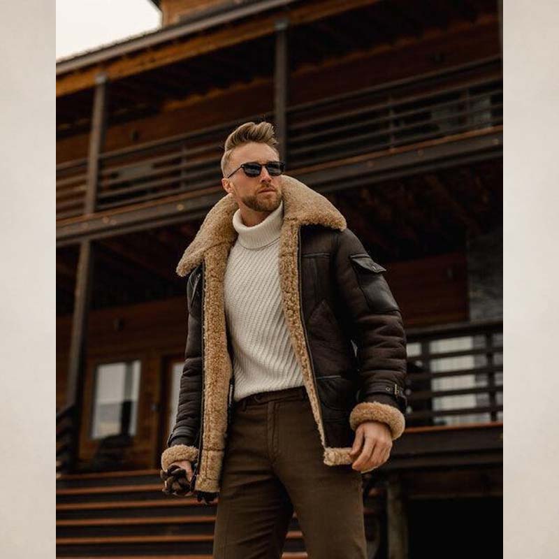 Men's Brown Shearling B3 Aviator Leather Long Coat with Belt