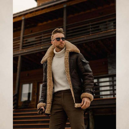 Men's Brown Shearling B3 Aviator Leather Long Coat with Belt