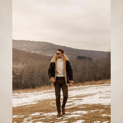 Men's Brown Shearling B3 Aviator Leather Long Coat with Belt