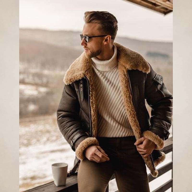 Men's Brown Shearling B3 Aviator Leather Long Coat with Belt