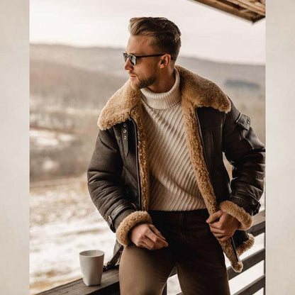 Men's Brown Shearling B3 Aviator Leather Long Coat with Belt