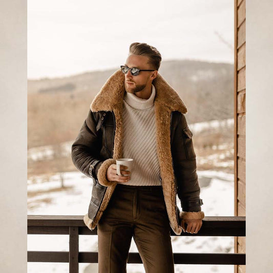 men’s brown shearling aviator leather long coat, front view
