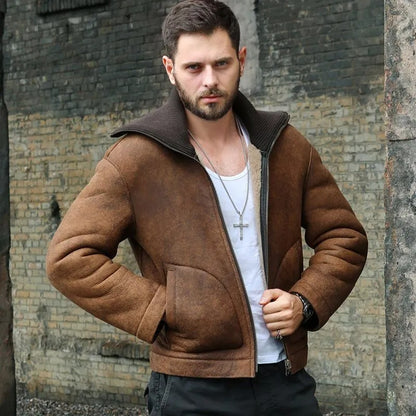 Men's Brown Shearling Lapel Jacket