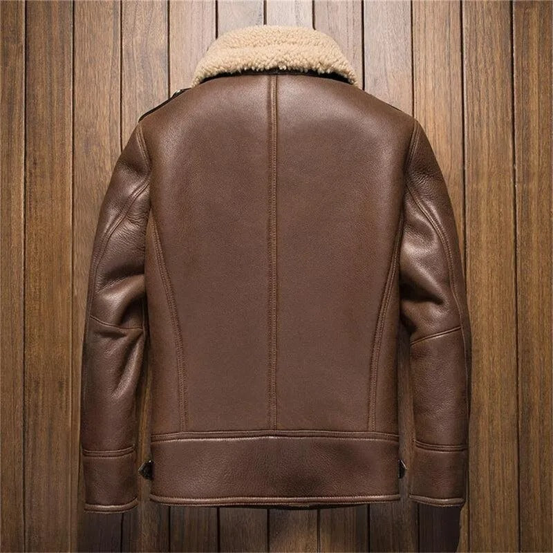 Men's Short Style Brown Shearling Pilot Leather Jacket