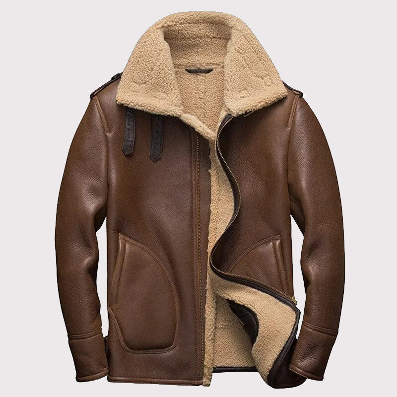 Men's Short Style Brown Shearling Pilot Leather Jacket