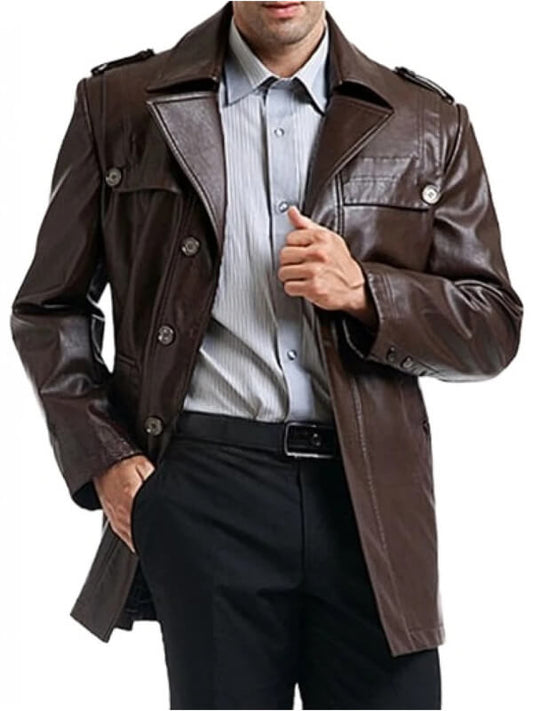 Men's Brown Single-Breasted Motorcycle Leather Jacket Coat