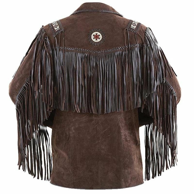 Men's Brown Suede Fringed Jacket with Beaded Coat